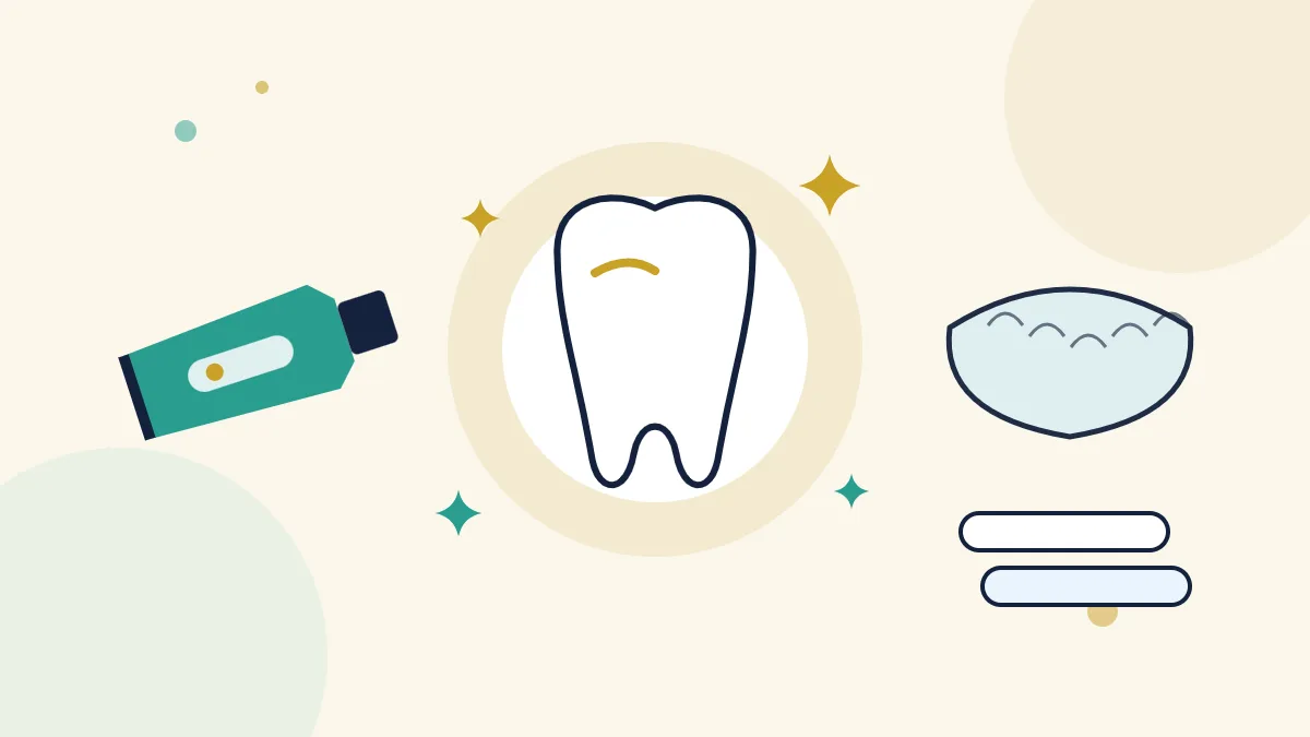 BrassSmile teeth whitening guide illustration with a bright white tooth, whitening toothpaste, whitening tray and strips