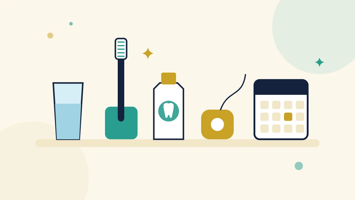 Daily oral care habits for a healthy bright smile: toothbrush, fluoride toothpaste, dental floss and dental checkup calendar