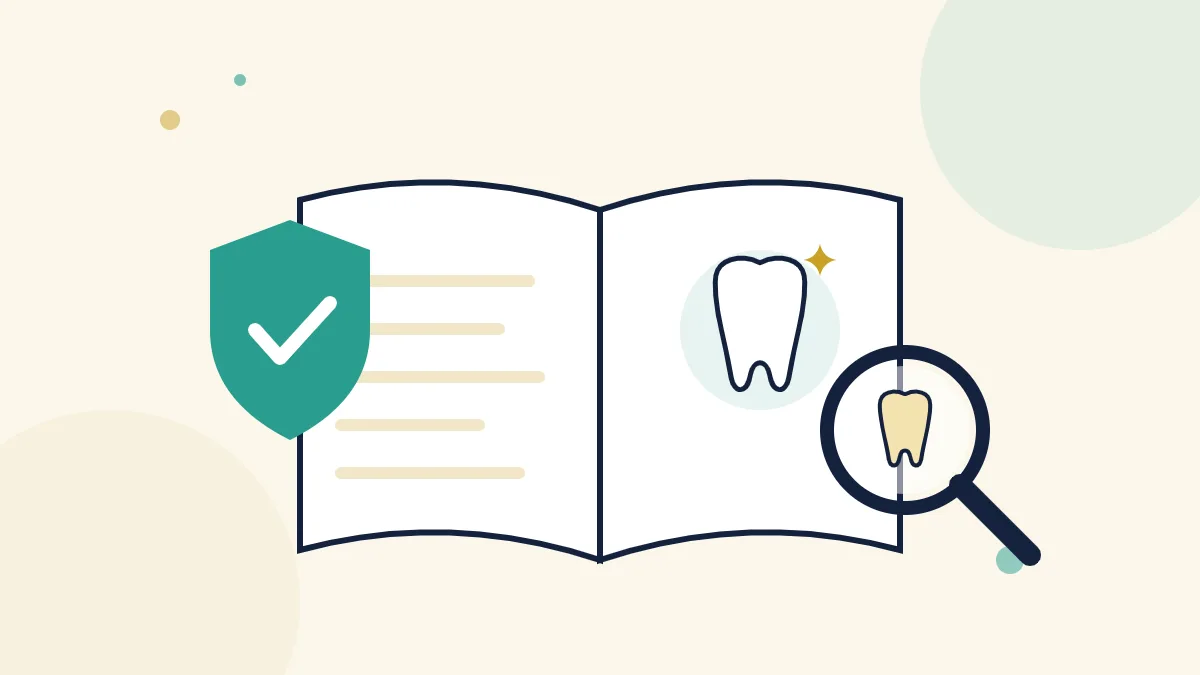What is BrassSmile: an educational smile care guide with a tooth, magnifying glass and dental health shield
